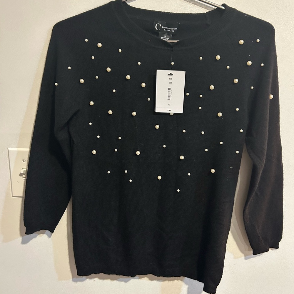 Bloomingdale's Black Cashmere Sweater with Pearl Details